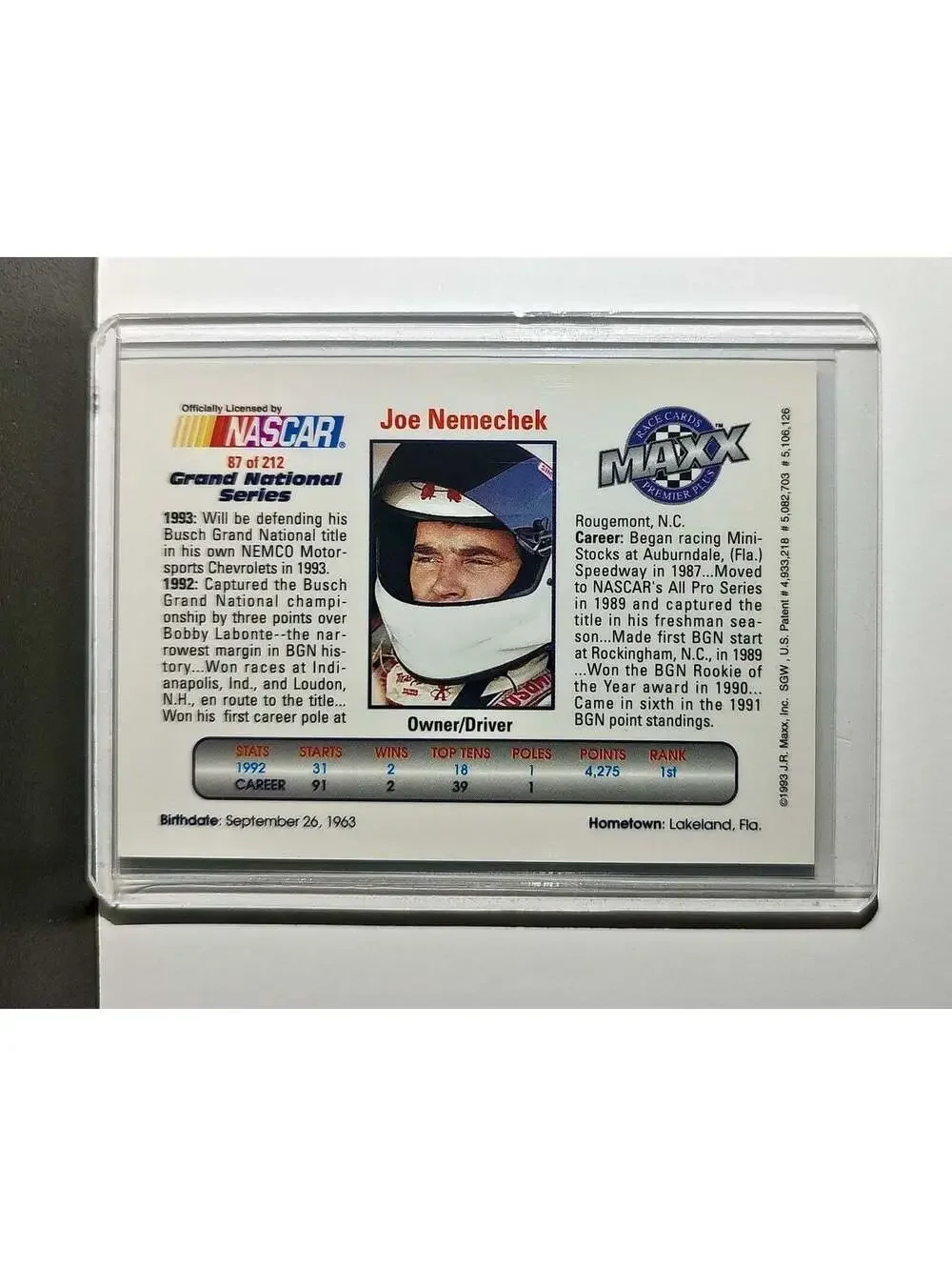 Joe Nemechek 1993 Maxx Premier Plus Racing #87 NASCAR Card NEMCO Motorsports